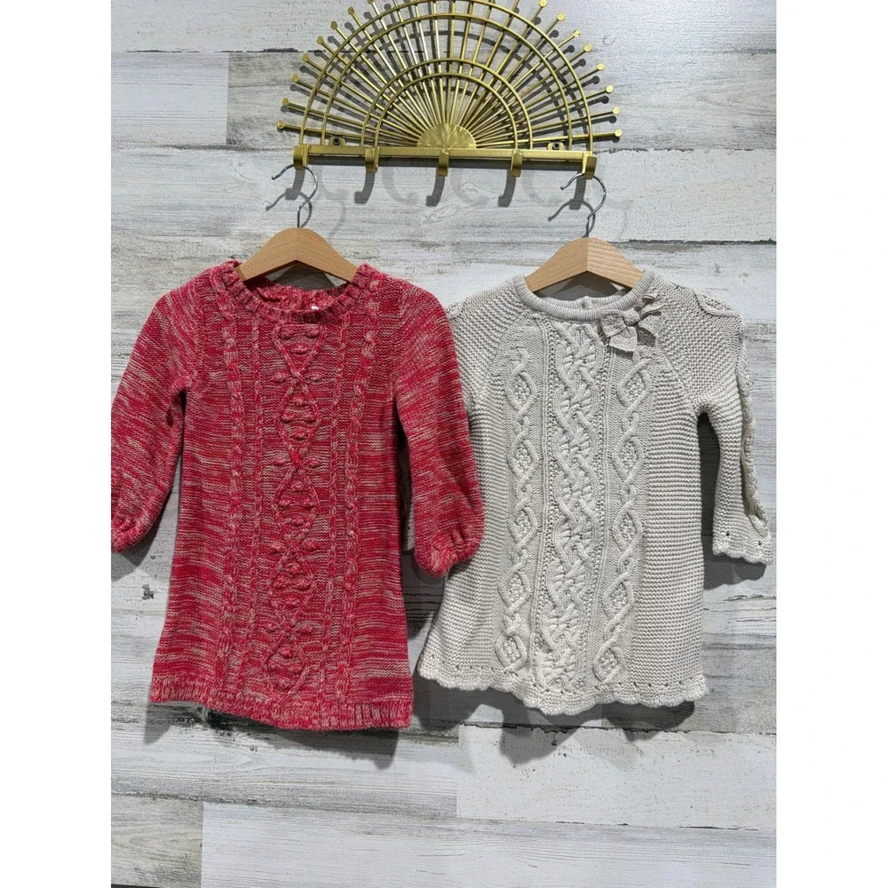 Old Navy Cupcakes and Cashmere Sweater Dress Bundle Girls 12M Red Tan Cable Knit